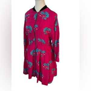 MAJE Vibrant Pink & Blue Dress Zipper Small Designer Floral Pleated Retro